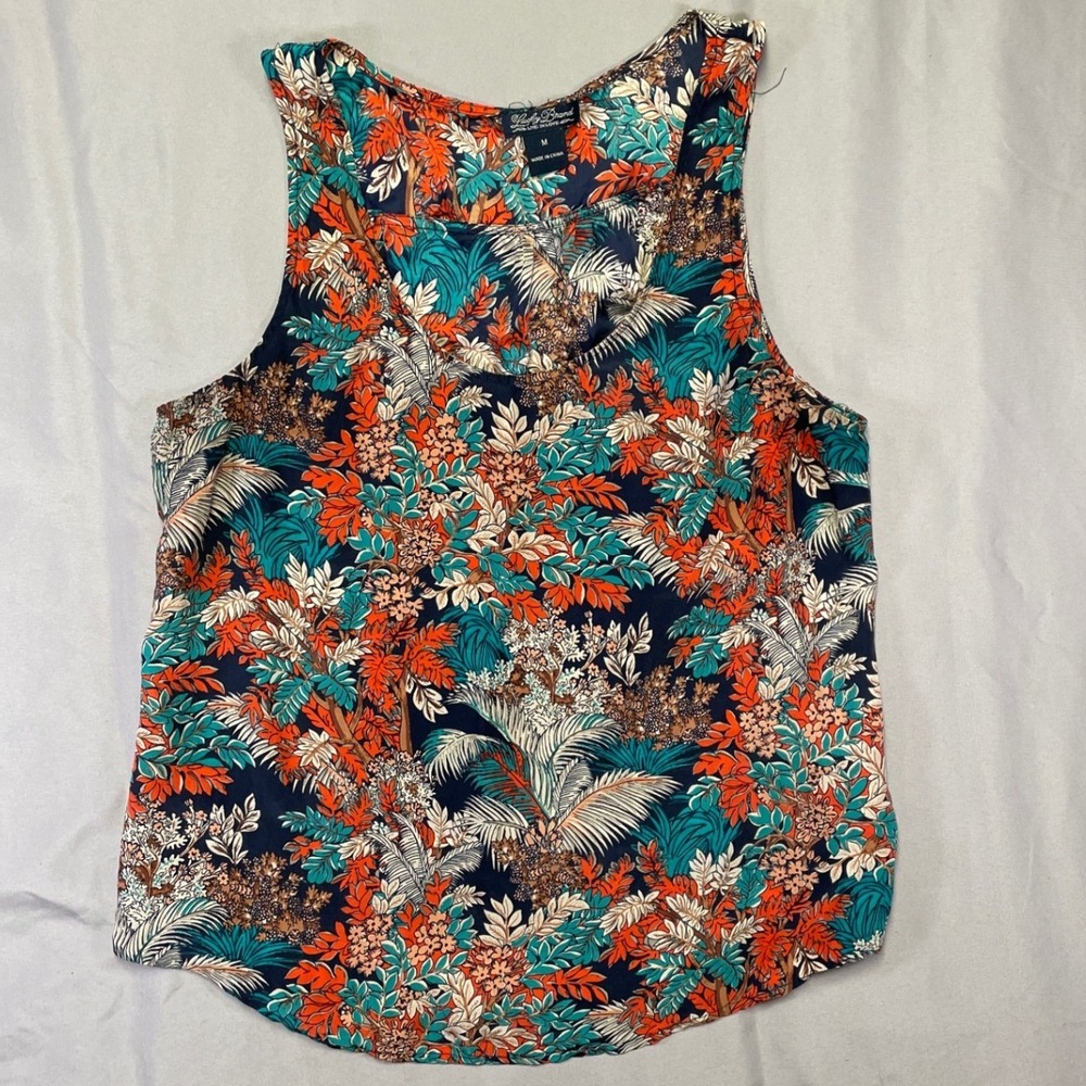 Lucky Brand 100% Silk Tropical Floral Palm Print Tank Top Navy Orange‎ Medium